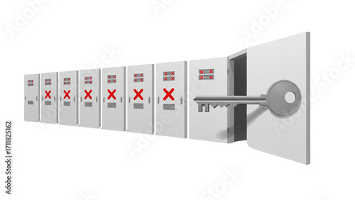 Row of Secure Gray Lockers with Red Access Denied Crosses and Single Open Door Unlocked by Golden Key: Advanced SEO-Optimized Searchable Title for Security Failure and Success Metaphor Illustrations