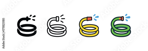 Vector icon gardening garden hose same pose same proportions four styles black solid glyph outline minimal flat multicolor filled cartoon flat shaded.