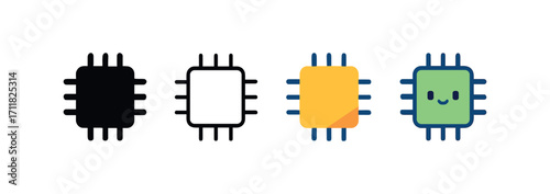 Vector icon pc microchip same pose same proportions four styles black solid glyph outline minimal flat multicolor filled cartoon flat shaded.
