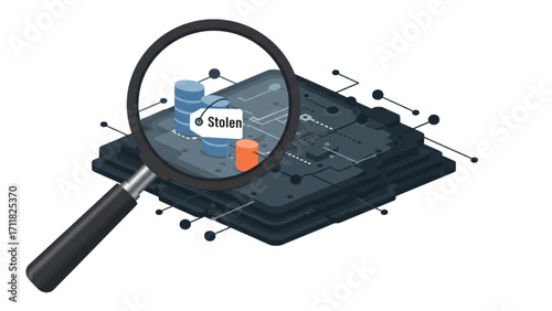 Magnifying Glass Zooming on Stolen Confidential Document Stack in Dark Circuit Board Maze Labyrinth: Advanced SEO-Optimized Searchable Title for Cybersecurity Data Breach Detection and Digital , 