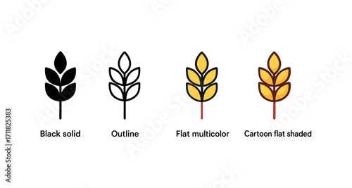 Vector icon farm wheat same pose same proportions four styles black solid glyph outline minimal flat multicolor filled cartoon flat shaded.