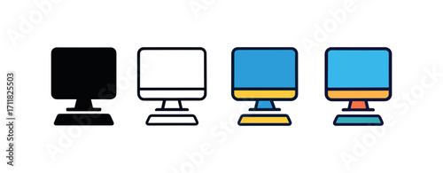 Vector icon pc desktop computer same pose same proportions four styles black solid glyph outline minimal flat multicolor filled cartoon flat shaded.