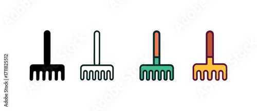 Vector icon gardening rake same pose same proportions four styles black solid glyph outline minimal flat multicolor filled cartoon flat shaded.