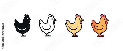 Vector icon farm chicken same pose same proportions four styles black solid glyph outline minimal flat multicolor filled cartoon flat shaded.