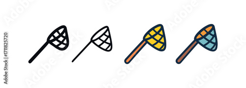 Vector icon fishing net same pose same proportions four styles black solid glyph outline minimal flat multicolor filled cartoon flat shaded.