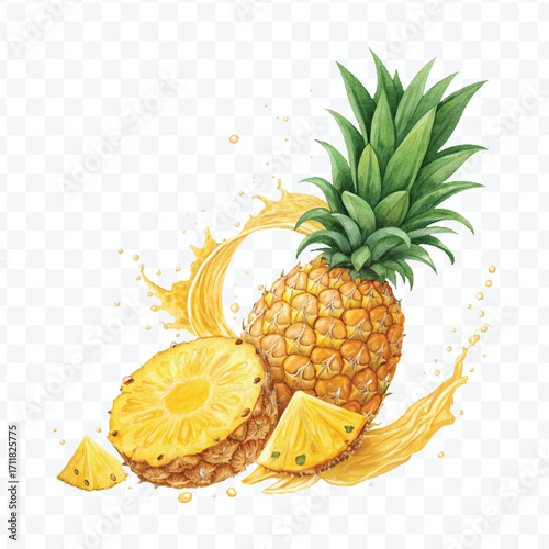 realistic fresh pineapple fruit with juice splash in different style isolated on transparent background