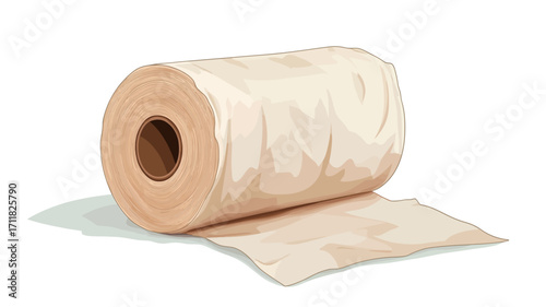 A close-up studio shot of a roll of toilet paper against a white background. The roll is partially unrolled, showing the texture of the paper.  The paper is primarily off-white with subtle