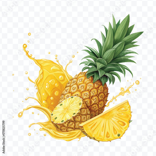 realistic fresh pineapple fruit with juice splash in different style isolated on transparent background