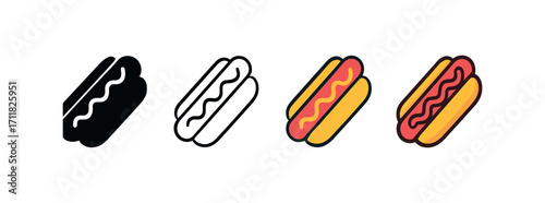 Vector icon food hotdog same pose same proportions four styles black solid glyph outline minimal flat multicolor filled cartoon flat shaded.