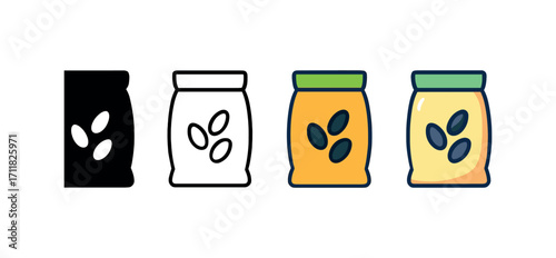 Vector icon farm seeds bag same pose same proportions four styles black solid glyph outline minimal flat multicolor filled cartoon flat shaded.
