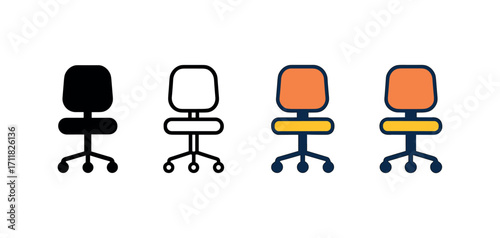 Vector icon office desk chair same pose same proportions four styles black solid glyph outline minimal flat multicolor filled cartoon flat shaded.
