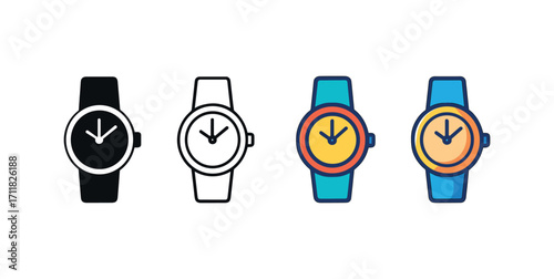 Vector icon fashion watch same pose same proportions four styles black solid glyph outline minimal flat multicolor filled cartoon flat shaded.