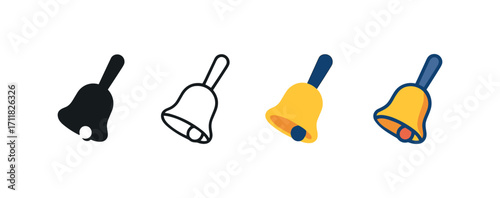 Vector icon school bell same pose same proportions four styles black solid glyph outline minimal flat multicolor filled cartoon flat shaded.