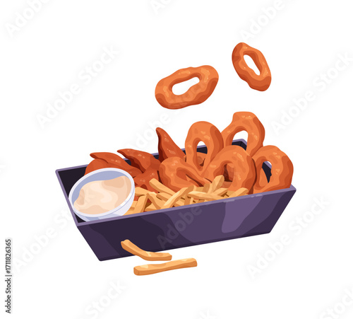 Dish with french fries, fried onion or squid rings and sauce. Fast food eating, fastfood restaurant meal with chips. Crispy takeaway snacks. Flat isolated vector illustration on white background