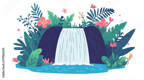 A stylized illustration depicting a waterfall cascading over dark rocks, surrounded by lush tropical plants and flowers. The style is cartoonish or graphic, with flat color and simplified forms.