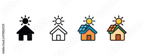Vector icon ecology solar house same pose same proportions four styles black solid glyph outline minimal flat multicolor filled cartoon flat shaded.