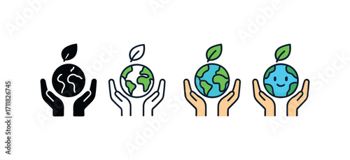 Vector icon ecology earth protection same pose same proportions four styles black solid glyph outline minimal flat multicolor filled cartoon flat shaded.