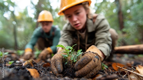 Two dedicated volunteers are planting young trees in a lush forest, symbolizing environmental care and teamwork in nature conservation efforts.