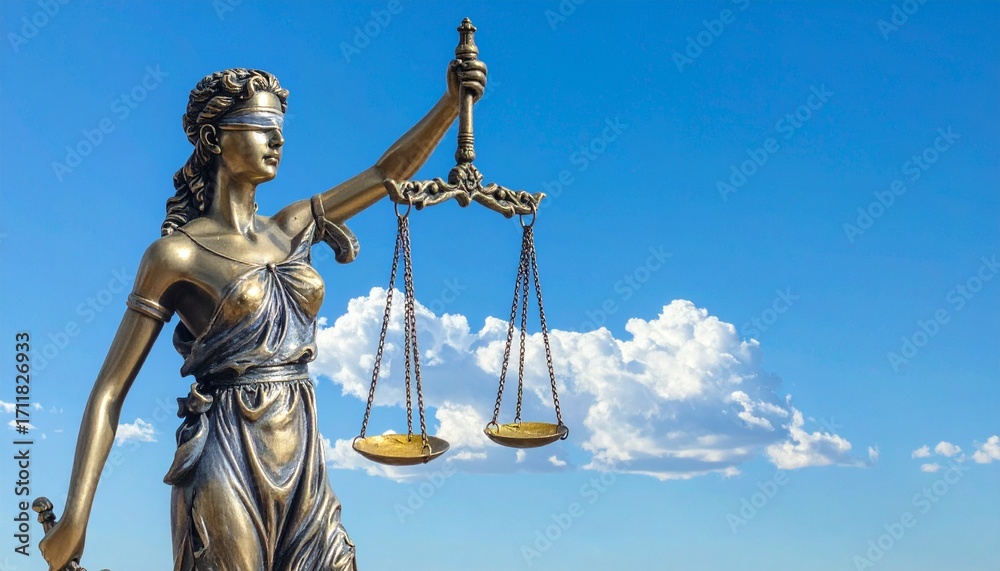 Obraz premium Legal and law concept represented by the statue of Lady Justice, holding balanced scales of justice, standing proudly against a bright sky background, symbolizing fairness, equality, truth, and impart