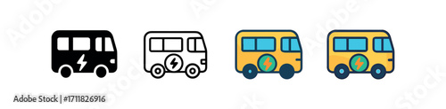 Vector icon ecology electric bus same pose same proportions four styles black solid glyph outline minimal flat multicolor filled cartoon flat shaded.