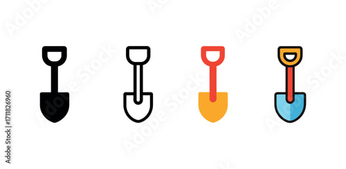 Vector icon gardening shovel same pose same proportions four styles black solid glyph outline minimal flat multicolor filled cartoon flat shaded.