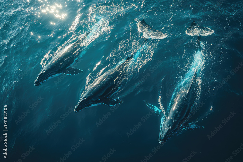 Fototapeta premium Bird’s-Eye Ocean Scene with Whales and Dancing Light