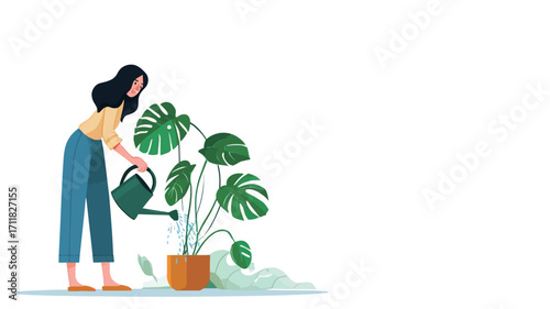 The image is a simple, flat-style illustration depicting a young woman with long dark hair watering a large potted Monstera deliciosa plant.  The woman is drawn in a minimalist style with muted