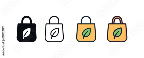 Vector icon ecology reusable bag same pose same proportions four styles black solid glyph outline minimal flat multicolor filled cartoon flat shaded.