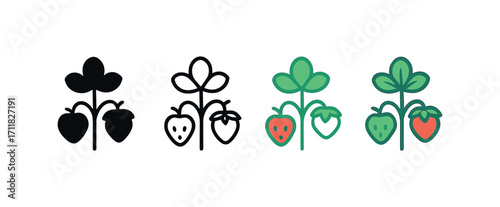 Vector icon gardening strawberry bush same pose same proportions four styles black solid glyph outline minimal flat multicolor filled cartoon flat shaded.