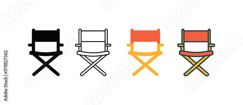 Vector icon cinema director chair same pose same proportions four styles black solid glyph outline minimal flat multicolor filled cartoon flat shaded.