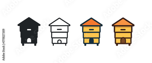 Vector icon gardening beehive same pose same proportions four styles black solid glyph outline minimal flat multicolor filled cartoon flat shaded.