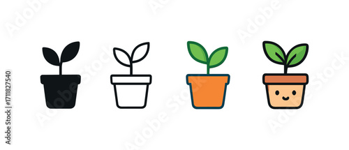 Vector icon gardening indoor plant same pose same proportions four styles black solid glyph outline minimal flat multicolor filled cartoon flat shaded.