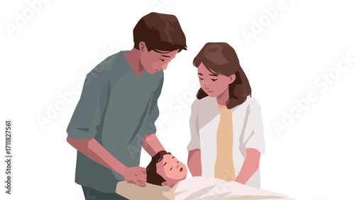 Digital illustration depicting a stylized image of a young couple, a mother and father, tending to their infant child who is lying on a surface. The style is a flat, vector illustration with
