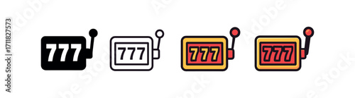 Vector icon casino jackpot 777 same pose same proportions four styles black solid glyph outline minimal flat multicolor filled cartoon flat shaded.