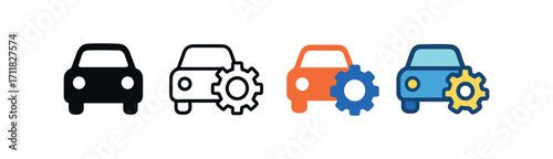 Vector icon car repair gear same pose same proportions four styles black solid glyph outline minimal flat multicolor filled cartoon flat shaded.