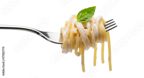 Quadro em tela Isolated twirled spaghetti with creamy sauce and basil on a fork, food presentat