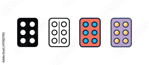 Vector icon medical pill blister same pose same proportions four styles black solid glyph outline minimal flat multicolor filled cartoon flat shaded.