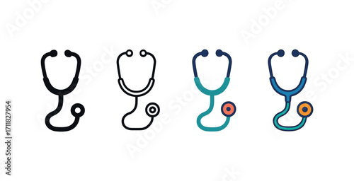 Vector icon medical stethoscope same pose same proportions four styles black solid glyph outline minimal flat multicolor filled cartoon flat shaded.