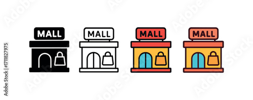 Vector icon shopping mall same pose same proportions four styles black solid glyph outline minimal flat multicolor filled cartoon flat shaded.