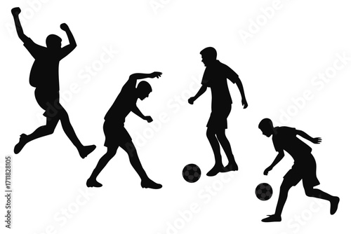Silhouettes of soccer players in action, showcasing various poses and movements during a game.