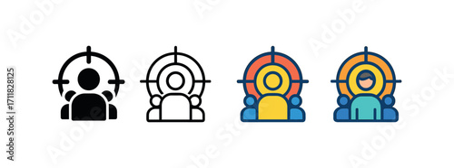 Vector icon marketing target audience same pose same proportions four styles black solid glyph outline minimal flat multicolor filled cartoon flat shaded.