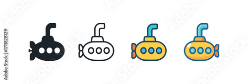 Vector icon sea submarine periscope same pose same proportions four styles black solid glyph outline minimal flat multicolor filled cartoon flat shaded.