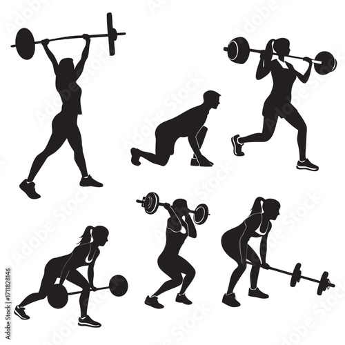 Silhouetted figures performing various weightlifting exercises with barbells, showcasing strength training.