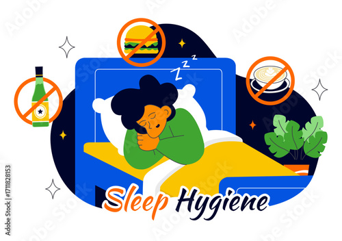 Sleep Hygiene Illustration Featuring a Young Person Sleeping in Bed with a Comfortable Mattress, Regular Sleep Schedule, and Daily Bedtime Routine