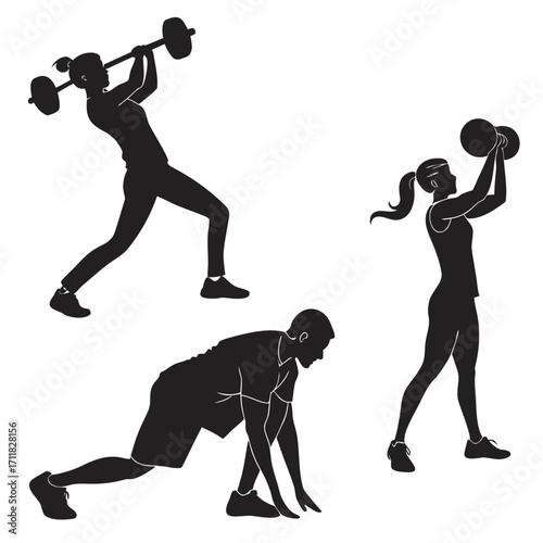 Silhouette of people exercising with weights and doing lunges.