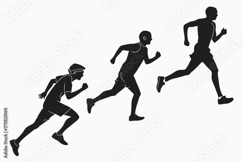 Three silhouettes of runners in different stages of a race, showcasing progression and speed.