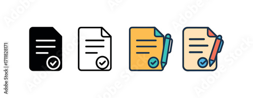 Vector icon business document contract same pose same proportions four styles black solid glyph outline minimal flat multicolor filled cartoon flat shaded.