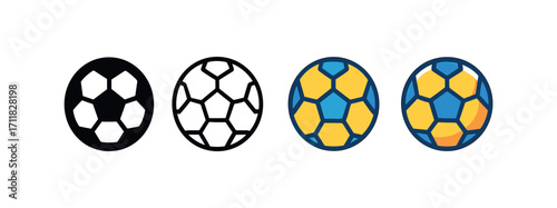 Vector icon sport soccer ball same pose same proportions four styles black solid glyph outline minimal flat multicolor filled cartoon flat shaded.