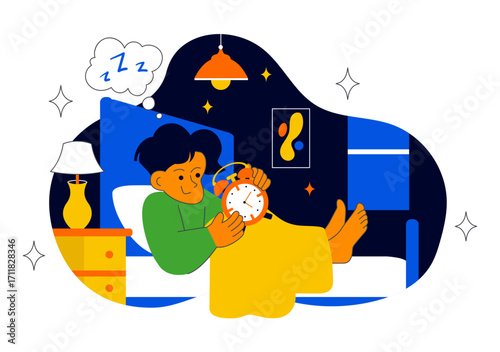 Sleep Hygiene Illustration Featuring a Young Person Sleeping in Bed with a Comfortable Mattress, Regular Sleep Schedule, and Daily Bedtime Routine