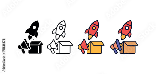 Vector icon marketing product launch same pose same proportions four styles black solid glyph outline minimal flat multicolor filled cartoon flat shaded.